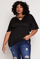 Womens Plus Size Criss Cross V Neck Flutter Sleeve Top, Black, Size 4X