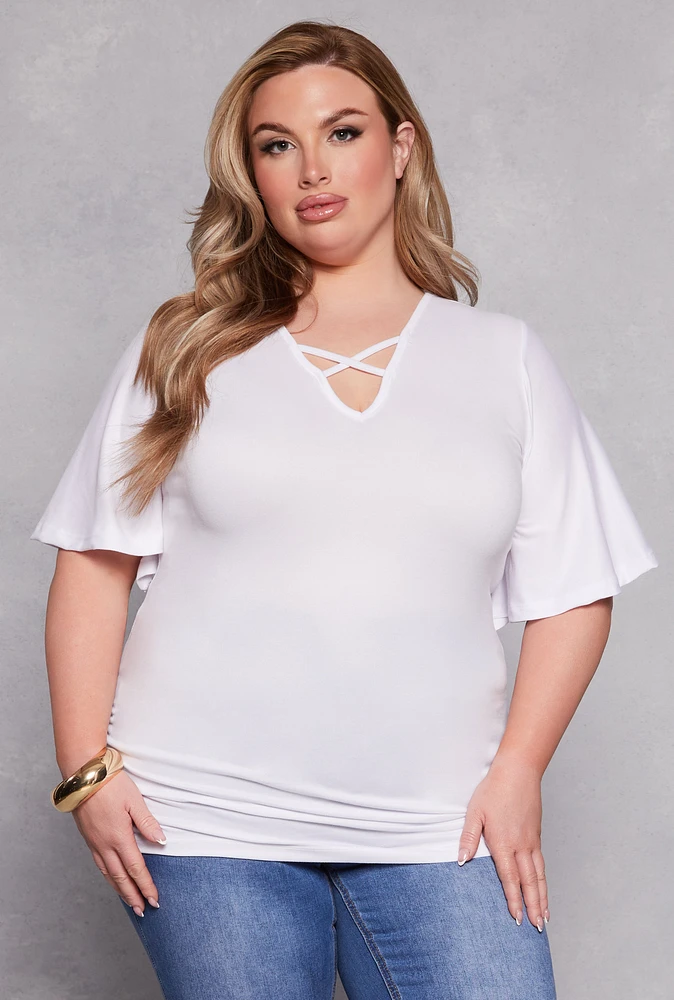 Womens Plus Size Criss Cross V Neck Flutter Sleeve Top, White, Size 3X