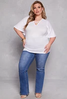 Womens Plus Size Criss Cross V Neck Flutter Sleeve Top, White, Size 3X