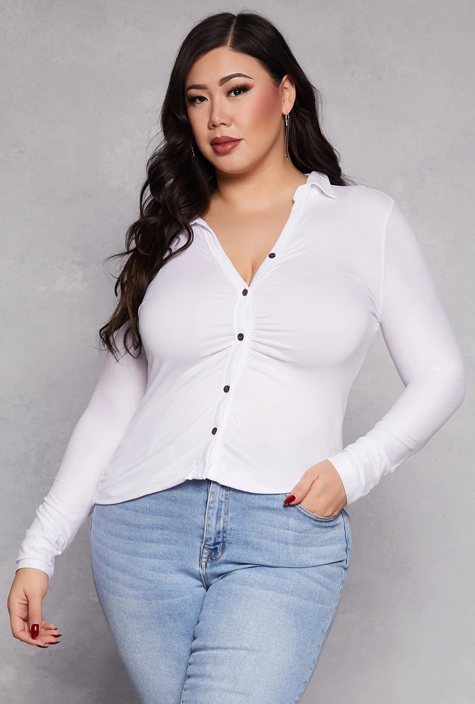 Womens Plus Size Ruched Button Front Shirt, White, Size 4X