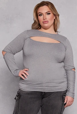 Womens Plus Size Cut Out Long Sleeve Top, Grey, Size 2X