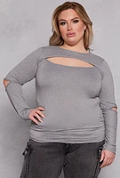 Womens Plus Size Cut Out Long Sleeve Top, Grey, Size 2X