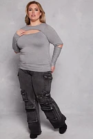 Womens Plus Size Cut Out Long Sleeve Top, Grey, Size 2X