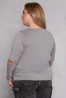 Womens Plus Size Cut Out Long Sleeve Top, Grey, Size 2X