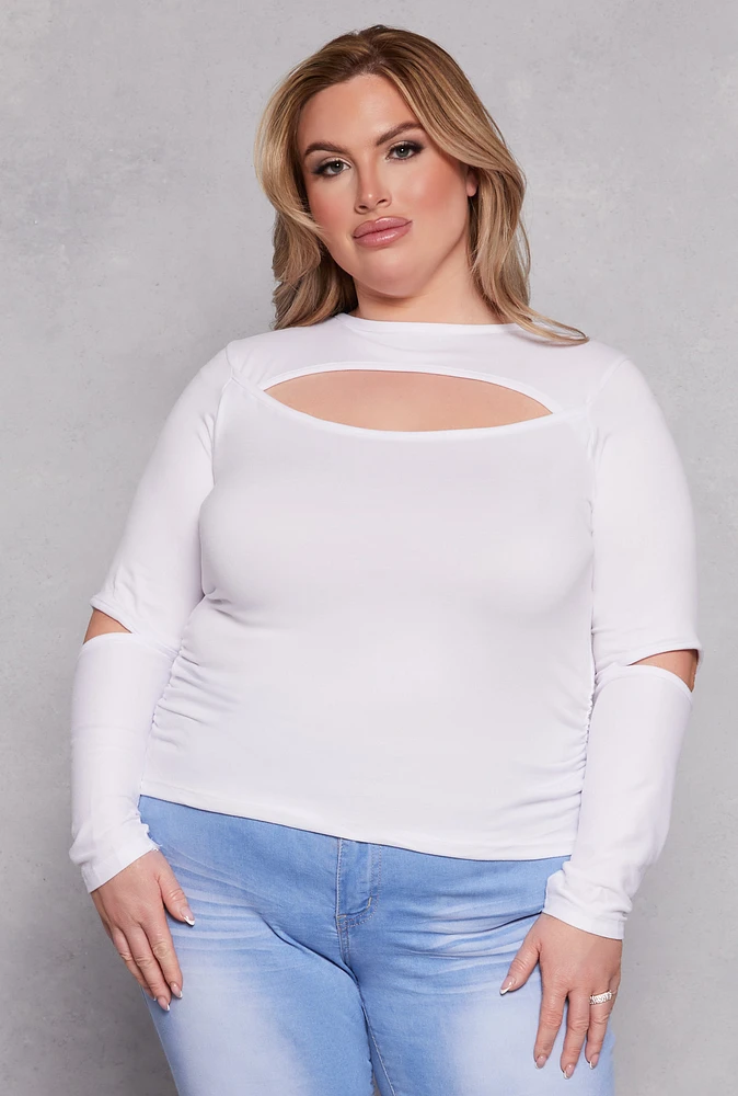 Womens Plus Size Cut Out Long Sleeve Top, White, Size 3X
