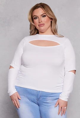 Womens Plus Size Cut Out Long Sleeve Top, White, Size 3X