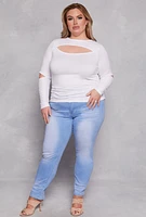 Womens Plus Size Cut Out Long Sleeve Top, White, Size 3X