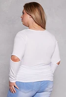Womens Plus Size Cut Out Long Sleeve Top, White, Size 3X