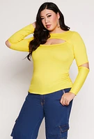 Womens Plus Size Cut Out Long Sleeve Top, Yellow, Size 1X