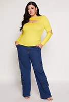 Womens Plus Size Cut Out Long Sleeve Top, Yellow, Size 1X