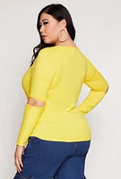 Womens Plus Size Cut Out Long Sleeve Top, Yellow, Size 1X