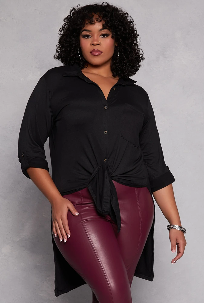 Womens Plus Tie Button Front Tunic Top,