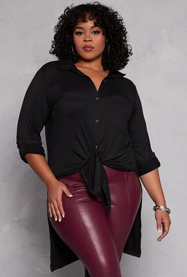 Womens Plus Tie Button Front Tunic Top,