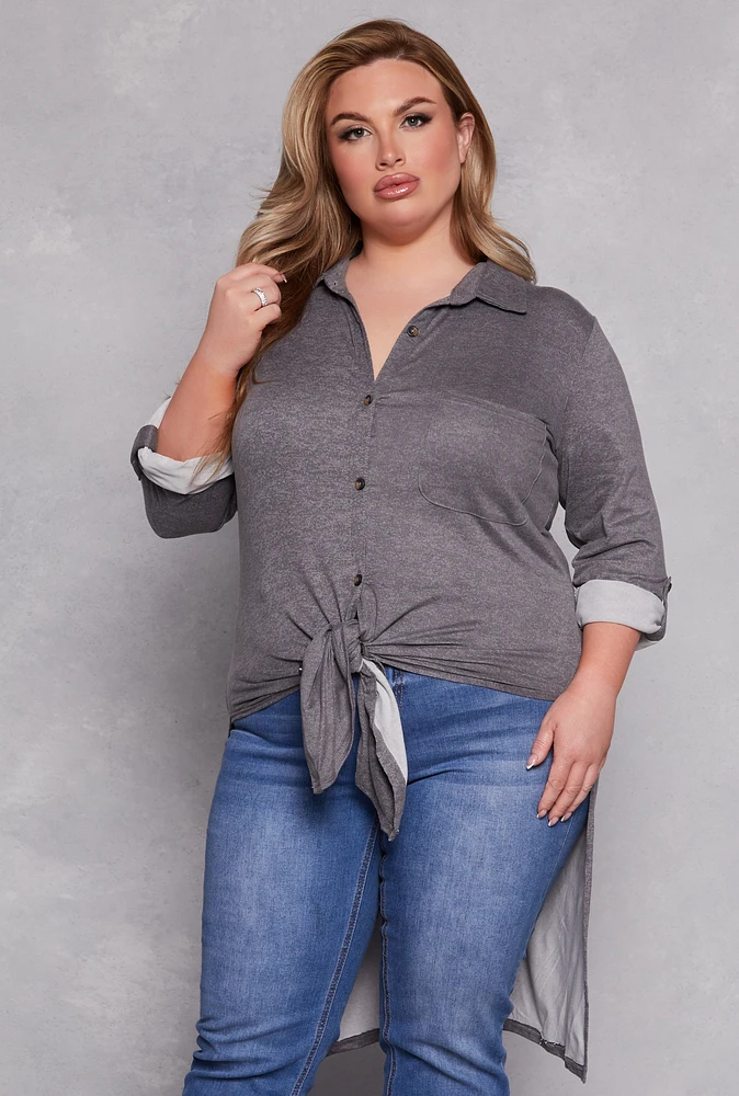 Womens Plus Size Tie Button Front Tunic Top, Grey, Size 3X