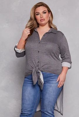 Womens Plus Size Tie Button Front Tunic Top, Grey, Size 3X