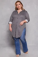 Womens Plus Size Tie Button Front Tunic Top, Grey, Size 3X