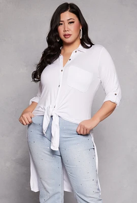 Womens Plus Size Tie Button Front Tunic Top, White, Size 3X