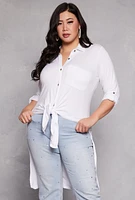 Womens Plus Size Tie Button Front Tunic Top, White, Size 3X