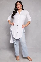 Womens Plus Size Tie Button Front Tunic Top, White, Size 3X