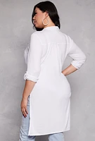 Womens Plus Size Tie Button Front Tunic Top, White, Size 3X