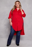 Womens Plus Size Tie Button Front Tunic Top, Red, Size 3X