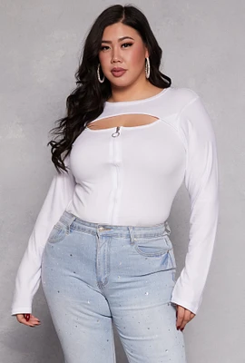 Womens Plus Size Cut Out Zip Front Top, White, Size 3X