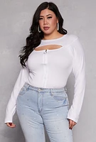 Womens Plus Size Cut Out Zip Front Top, White, Size 3X