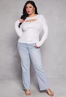 Womens Plus Size Cut Out Zip Front Top, White, Size 2X
