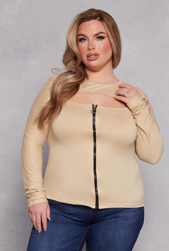 Womens Plus Size Cut Out Zip Front Top, Beige, Size 4X