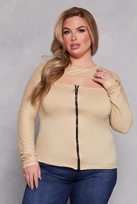Womens Plus Size Cut Out Zip Front Top, Beige, Size 4X