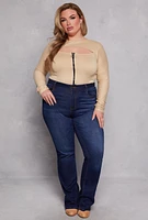 Womens Plus Size Cut Out Zip Front Top, Beige, Size 4X