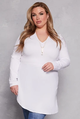Womens Plus Size Asymmetrical Tunic Top with Necklace, White, Size 2X