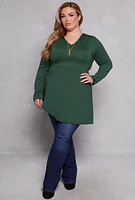 Womens Plus Size Asymmetrical Tunic Top with Necklace, Green, Size 1X