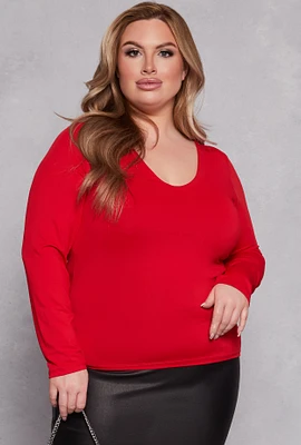 Womens Plus V Neck Long Sleeve Top, Red,