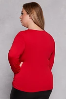 Womens Plus V Neck Long Sleeve Top, Red,