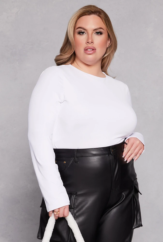 Womens Plus Size Crew Neck Long Sleeve Top, White, Size 4X