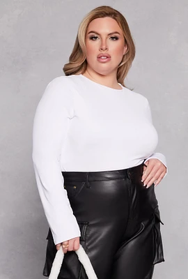 Womens Plus Size Crew Neck Long Sleeve Top, White, Size 4X