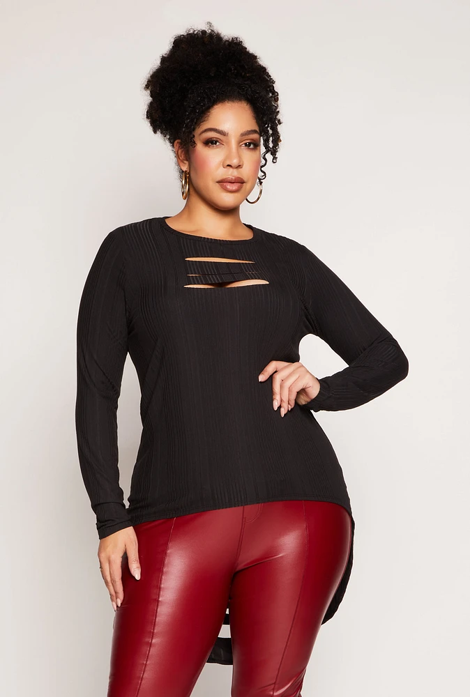 Womens Plus Size Ribbed Laser Cut High Low Top, Black, Size 1X
