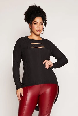 Womens Plus Size Ribbed Laser Cut High Low Top, Black, Size 1X