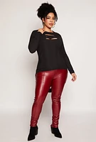 Womens Plus Size Ribbed Laser Cut High Low Top, Black, Size 1X