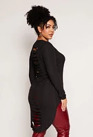 Womens Plus Size Ribbed Laser Cut High Low Top, Black, Size 1X