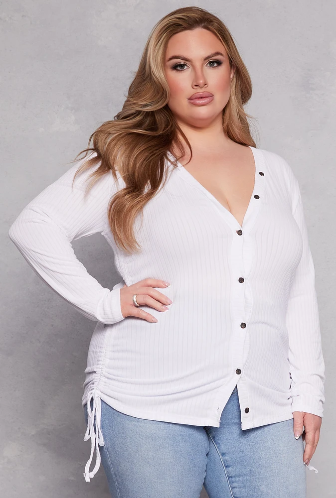 Womens Plus Size Ruched Drawstring Side Button Front Top, White, Size 1X