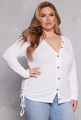 Womens Plus Size Ruched Drawstring Side Button Front Top, White, Size 1X