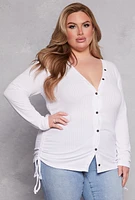 Womens Plus Size Ruched Drawstring Side Button Front Top, White, Size 1X