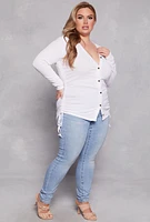 Womens Plus Size Ruched Drawstring Side Button Front Top, White, Size 1X
