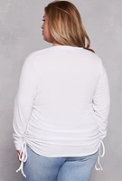 Womens Plus Size Ruched Drawstring Side Button Front Top, White, Size 4X