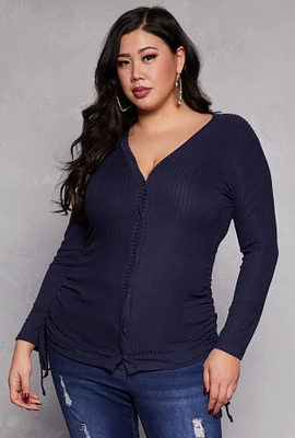 Womens Plus Size Ruched Drawstring Side Button Front Top, Blue, Size 4X