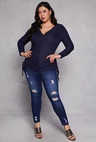 Womens Plus Size Ruched Drawstring Side Button Front Top, Blue, Size 4X