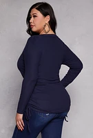 Womens Plus Size Ruched Drawstring Side Button Front Top, Blue, Size 4X