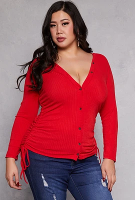 Womens Plus Size Ruched Drawstring Side Button Front Top, Red, Size 3X